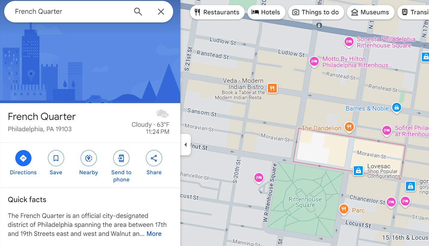 Google Maps screenshot of the French Quarter boundaries